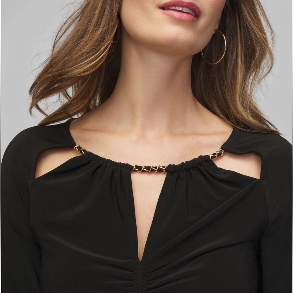 NWT White House Black Market Long Sleeve Ruched Chain Matte Black Jersey Top - Picture 3 of 7